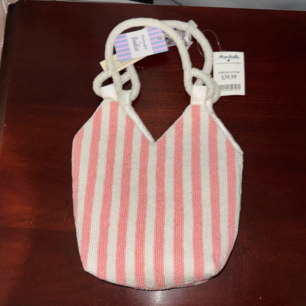 Marshalls Pink & White Beaded Stripe Shoulder Tote with Tropical Motif - Picture 2 of 2